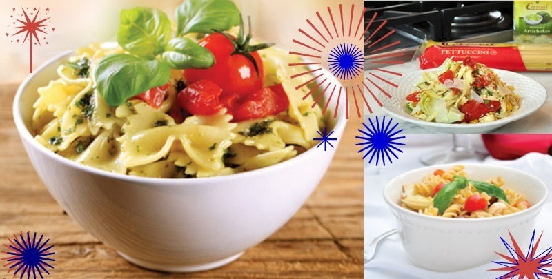 Cervasi-Three-Pasta-Salads-July-Fourth Three different pasta salads with fourth of july themed graphics overtop