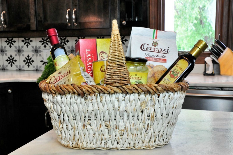 Cervasi-Italian-foods-gift-basket-ideas Basket on kitchen counter full of Cervasi Italian food products