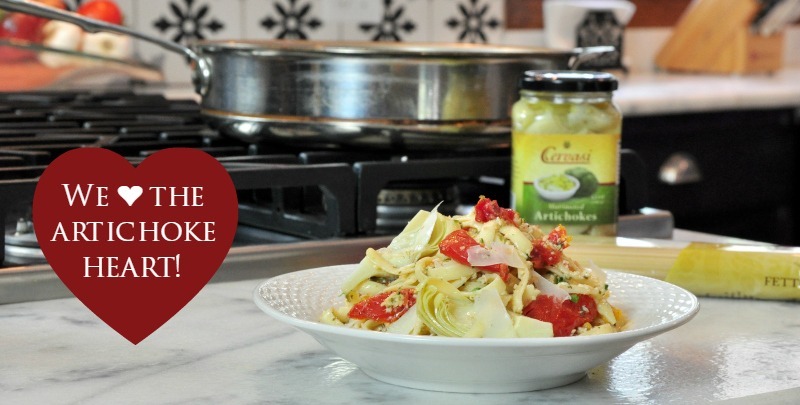 Cervasi-artichoke-hearts Plate of pasta salad with lots of artichokes